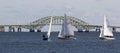 Three small two sail sailboats in the bay with a bridge in the background Royalty Free Stock Photo