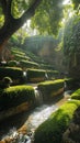 Babylon\'s gardens, water trickling down terraces, lush greenery, afternoon sun, side angle, serene beauty