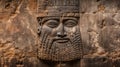 Babylonian wall art, face of king carved in old stone in Mesopotamia. Artifact of Ancient Sumerian and Assyrian civilization in