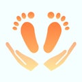 Babys feet in hands flat icon. Mom holds kids feet vector illustration isolated on white. Baby care gradient style Royalty Free Stock Photo