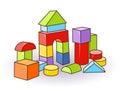 Babys letter cubes toys. Wooden or plastic color cubes. Vector. Castle