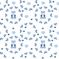 Babyseamless pattern with blue bows, hearts and teddy bears