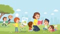 Babysitter with kids at the park. Mum reading book to children Royalty Free Stock Photo