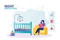 Babysitter or mother sitting in armchair and reads book. Sweet baby sleeping in crib. Concept of night babysitting, childhood and