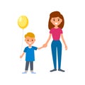 A babysitter or nanny holds the child by the hand for a walk. Boy holding a balloon. Vector flat isolated illustration