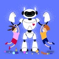 Babysitter robot with children vector illustration. Robot Nanny with Kids. Robotic friend. Kind robot home futuristic