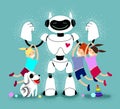 Babysitter robot with children vector illustration. Robot Nanny with Kids. Futuristic assistant. Kind robot home assistant plays