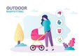 Babysitter with stroller walking on street. Nanny care newborn toddler. Concept of outdoor babysitting and personal childcare