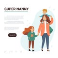 Babysitting service Vector Template. Mother, Nanny with two chhildren. Flat style vector illustration.