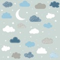 Cute baby clouds, stars, moon pattern vector seamless