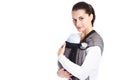 Babywering instructor demonstrate front position with newborn baby in a ring sling carrier