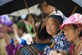 Bac Ha, Sapa, Vietnam - 08 17 2014: Colorful ethnic Flower Hmong Women at Bac Ha Market. Flower H`mong ethnic minority group from Royalty Free Stock Photo