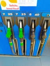 Bacau, Romania - September 11, 2022: Filling nozzles at a OMV gas station.