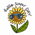 Hello sunny day, Sunflower wear sun glasses cartoon illustration Royalty Free Stock Photo
