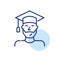 Bachelor graduate student. Smiling young man with beard wearing mortar board. Pixel perfect, editable stroke