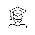Bachelor graduate student. Smiling young man with beard wearing mortar board. Pixel perfect icon