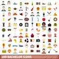 100 bachelor icons set, flat style