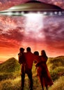 Back, alien and flying ufo with a family outdoor in nature together during an invasion or spaceship discovery. Universe Royalty Free Stock Photo