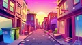 A back alley and a city street with empty houses at sunrise early in the morning. A town landscape with trash bins Royalty Free Stock Photo