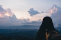 Back of backpacker looking at view in sun rise time at top of mountain.nature morning view