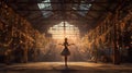 back of ballerina dancing in warehouse filled with fairy lights Royalty Free Stock Photo