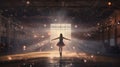 back of ballerina dancing in warehouse filled with fairy lights Royalty Free Stock Photo