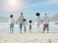 Back, beach and family holding hands, walking and summer vacation with bonding, love and travel. People, grandparents Royalty Free Stock Photo