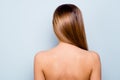 Back behind rear closeup view photo of pretty gorgeous long-haired cute showing silky shiny perfect skin of back hair on Royalty Free Stock Photo