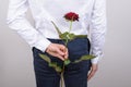 Back behind rear view cropped photo of handsome happy cheerful excited masculine guy hiding beautiful red rose in arm isolated