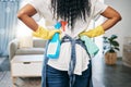 Back, black woman and cleaning for house, products and hygiene for freshness, bacteria and disinfectant. African Royalty Free Stock Photo