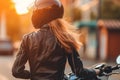 Back of blonde biker girl in a leather jacket and helmet on a motorcycle. Generative AI Royalty Free Stock Photo