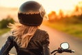 Back of blonde biker girl in a leather jacket and helmet on a motorcycle. Generative AI Royalty Free Stock Photo