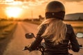 Back of blonde biker girl in a leather jacket and helmet on a motorcycle. Generative AI Royalty Free Stock Photo