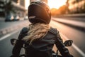 Back of blonde biker girl in a leather jacket and helmet on a motorcycle. Generative AI Royalty Free Stock Photo