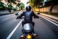 Back of blonde biker girl in a leather jacket and helmet riding on motorcycle. Generative AI Royalty Free Stock Photo