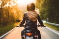 Back of blonde biker girl in a leather jacket and helmet riding on motorcycle. Generative AI Royalty Free Stock Photo