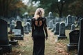 Back of blonde woman wear all in black on cemetery. Grieving widow. Generative AI Royalty Free Stock Photo