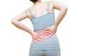Back body of the woman put her hands on back or waist area mark red at spot of ache, backpain Health-care concept isolated on Royalty Free Stock Photo