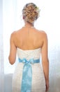 Back of bride in wedding dress with blue ribbon Royalty Free Stock Photo