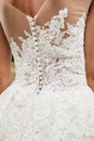 Back of the bride in a wedding dress. View of the back, beautiful openwork patterns, lace - decorated top dresses, waist, long zip Royalty Free Stock Photo