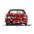 The back of broken and damaged red car, white background Royalty Free Stock Photo