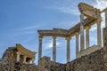 Back of the capitals, columns and cornices of the stage of the Roman theater in Merida, with the midday sun illuminating the Royalty Free Stock Photo