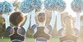 Back of cheerleader, sports and women on field for performance, dance and motivation for game. Teamwork, dancer and Royalty Free Stock Photo