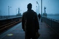 Back of cinematic man in winter coat walking outside in urban city on bridge on a moody, foggy, winters night. Royalty Free Stock Photo