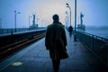 Back of cinematic man in winter coat walking outside in urban city on bridge on a moody, foggy, winters night.