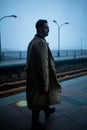 Back of cinematic man in winter coat walking outside in urban city on bridge on a moody, foggy, winters night. Royalty Free Stock Photo