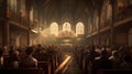 Back of congregation in large ornate church with chandelier