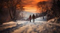 Back of couple walking on a snow covered road in the mountains at sunset Royalty Free Stock Photo