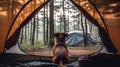 Back of the dog in a tent in the forest. travel with the pet. Generative AI