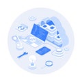 Back-end Development, Coding, Software Engineering, Programming languages. Server racks in the big cloud, database, program